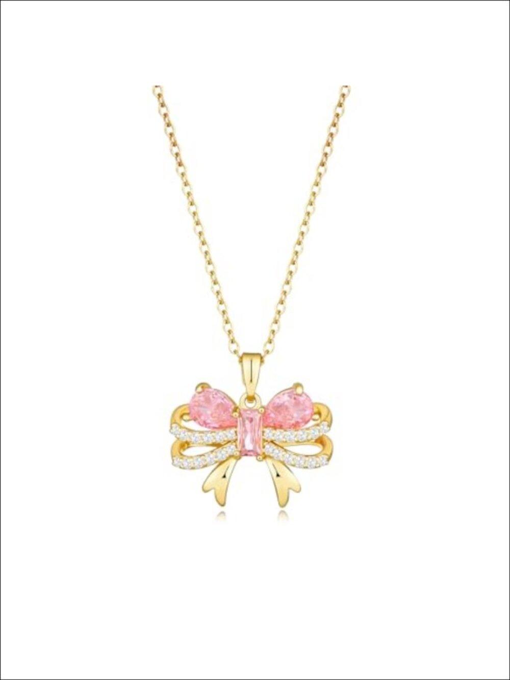 Gold Plated Rose Quartz Bow Pendant Necklace October Birthstone Gift for Women